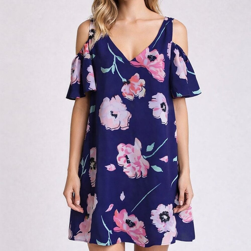 Kaari Blue Pink Blue Floral Cold Shoulder Swing Dress PL